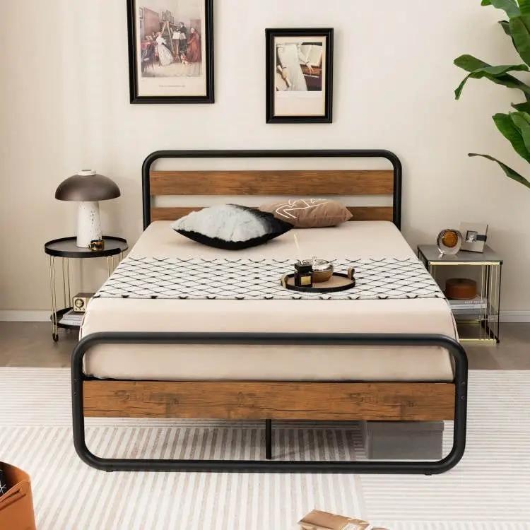 Queen Industrial Wood and Metal Tube Platform Bed with Headboard and Footboard by HomePacific