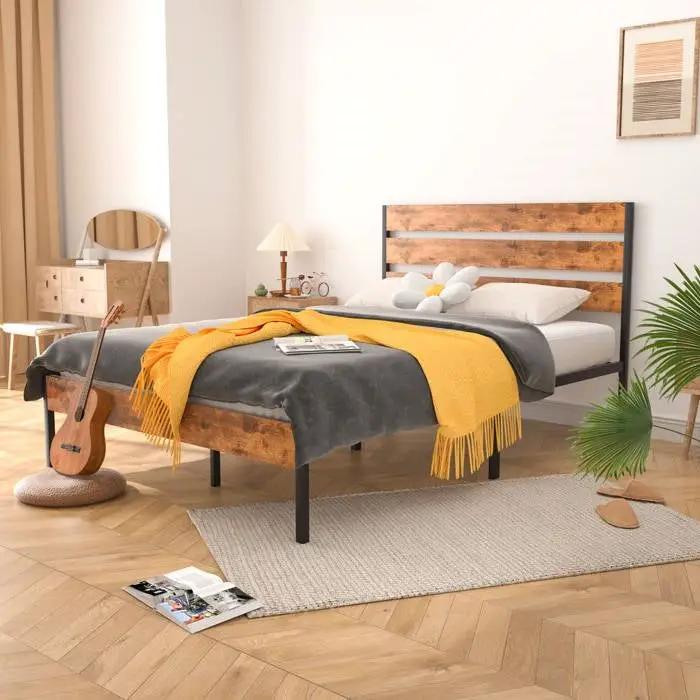 Queen Industrial Platform Bed Frame with Brown Wood Slatted Headboard Footboard by HomePacific