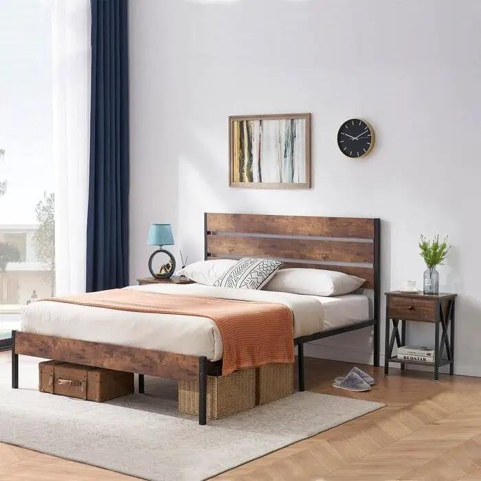 Queen Industrial Platform Bed Frame with Brown Wood Slatted Headboard Footboard by HomePacific