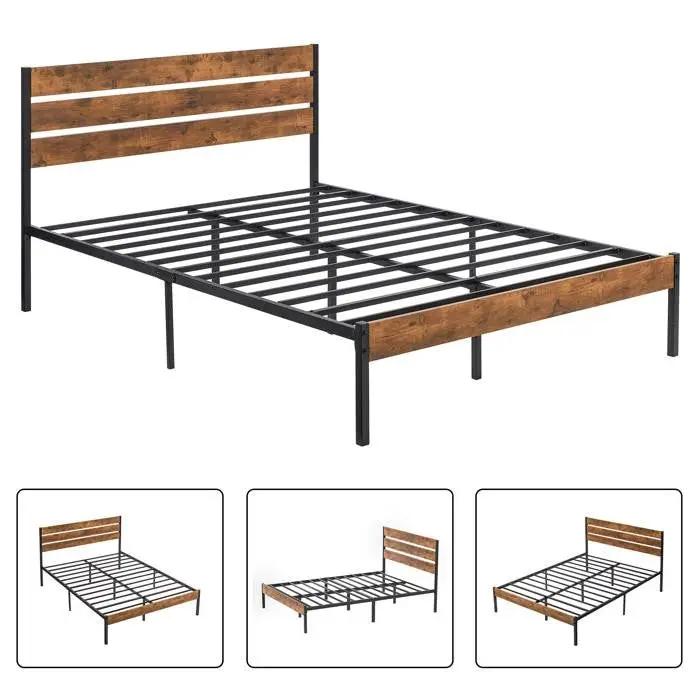 Queen Industrial Platform Bed Frame with Brown Wood Slatted Headboard Footboard by HomePacific