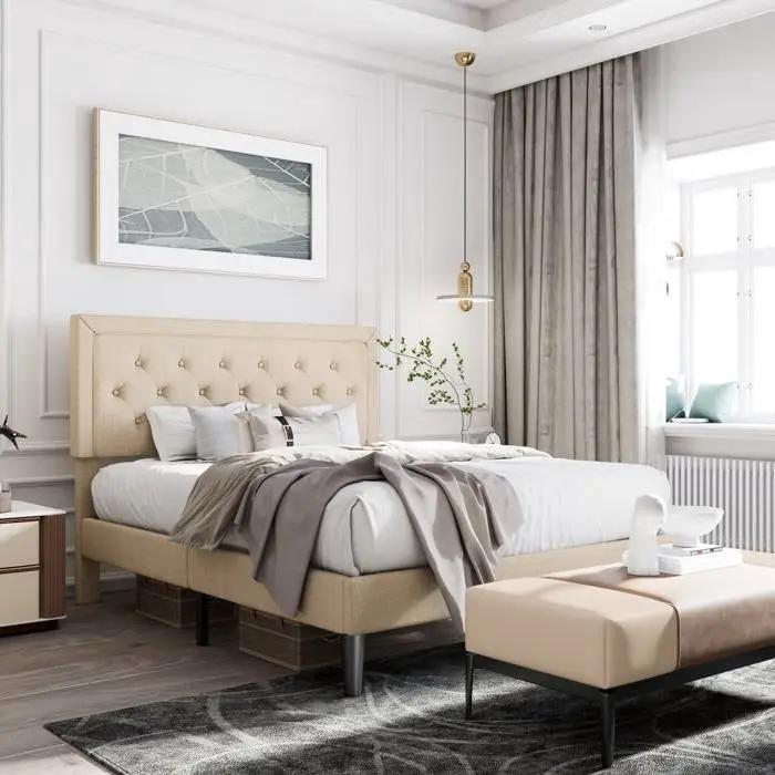 Queen Adjustable Height Platform Bed Frame with Beige Upholstered Headboard by HomePacific