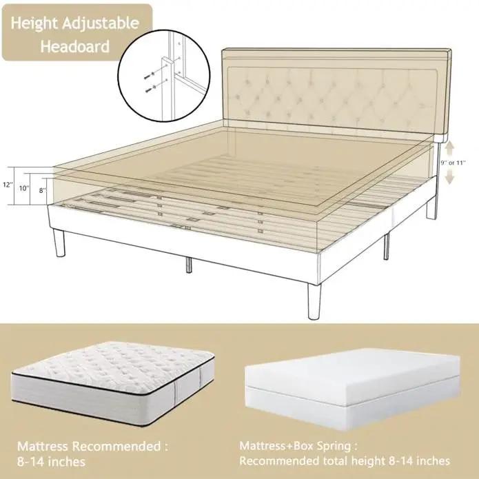 Queen Adjustable Height Platform Bed Frame with Beige Upholstered Headboard by HomePacific