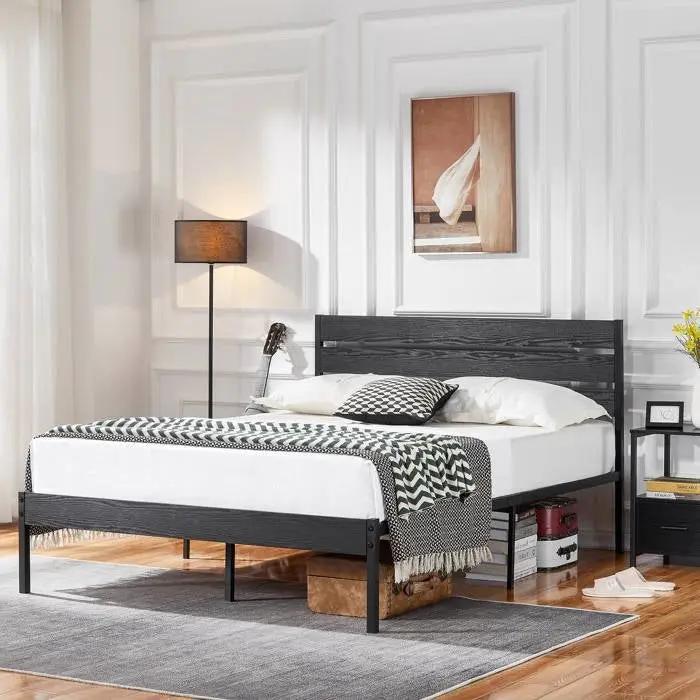 Queen size Industrial Platform Bed Frame with Wood Slatted Headboard in Black by HomePacific