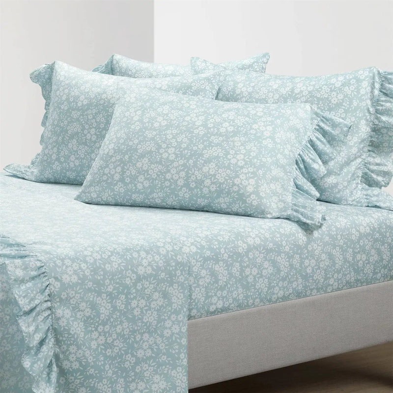 Queen Size Polyester Blue Ruffle Floral 6 Piece Sheet Set by HomePacific