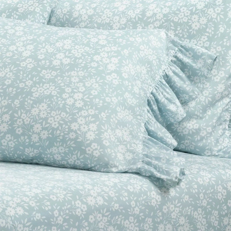 Queen Size Polyester Blue Ruffle Floral 6 Piece Sheet Set by HomePacific