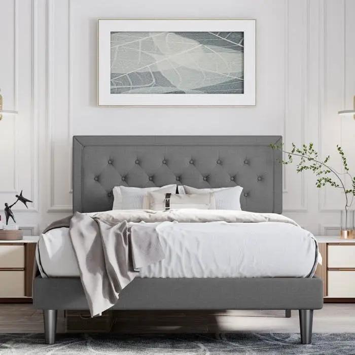 Queen Dark Grey Linen Upholstered Platform Bed with Button-Tufted Headboard by HomePacific
