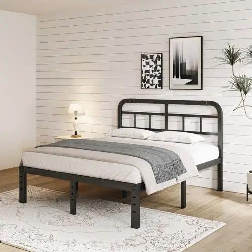 Queen Size Heavy Duty Black Metal Platform Bed Frame with Headboard by HomePacific