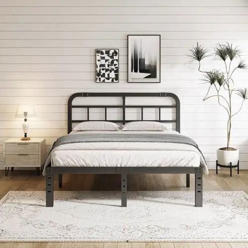 Queen Size Heavy Duty Black Metal Platform Bed Frame with Headboard by HomePacific