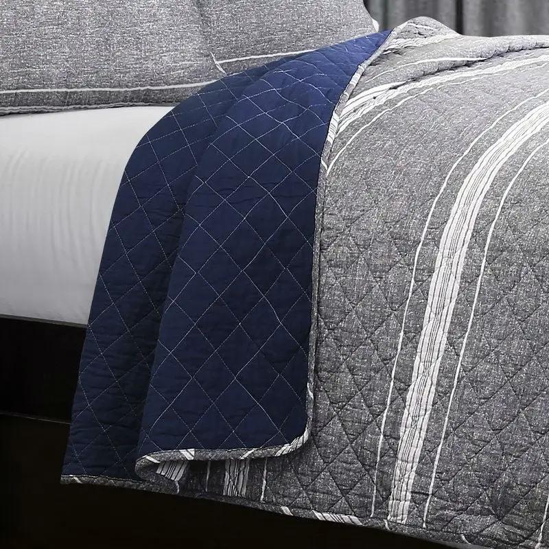 Queen Gray Navy Stripe Motif 100% Cotton Reversible Quilt Coverlet Bedspread Set by HomePacific