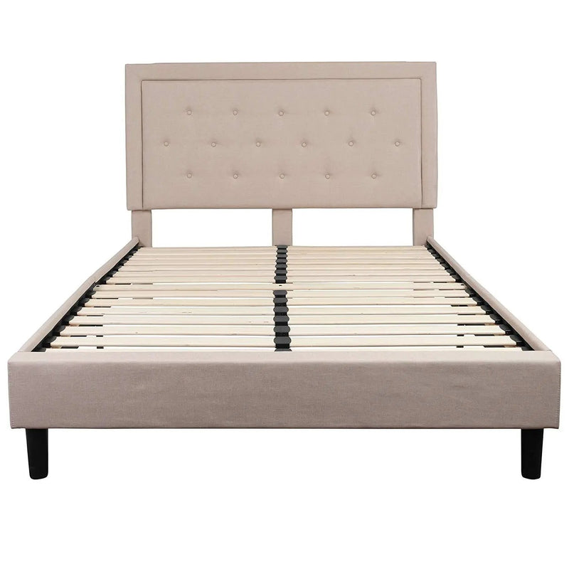 Queen Beige Upholstered Platform Bed Frame with Button Tufted Headboard by HomePacific
