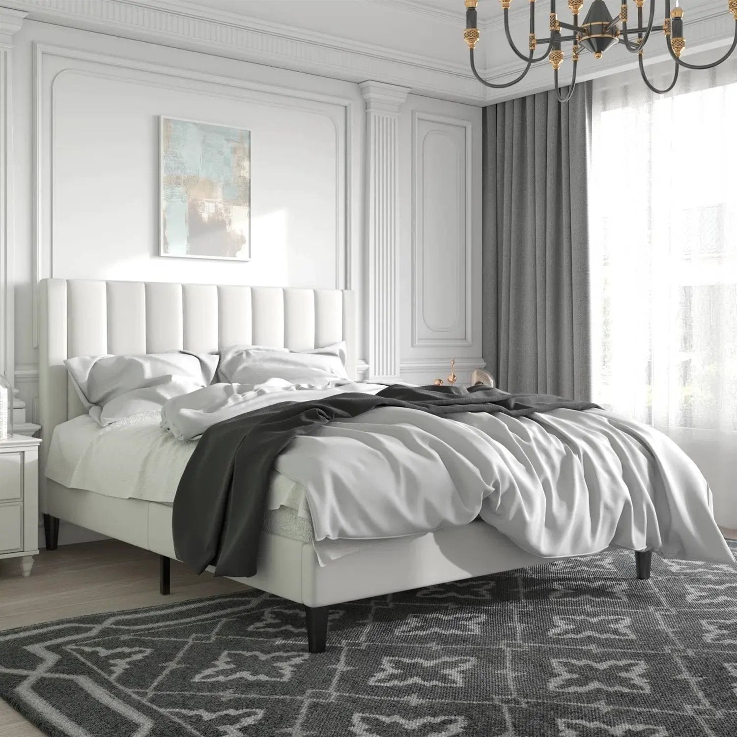 Queen size White Velvet Upholstered Platform Bed Frame with Headboard by HomePacific