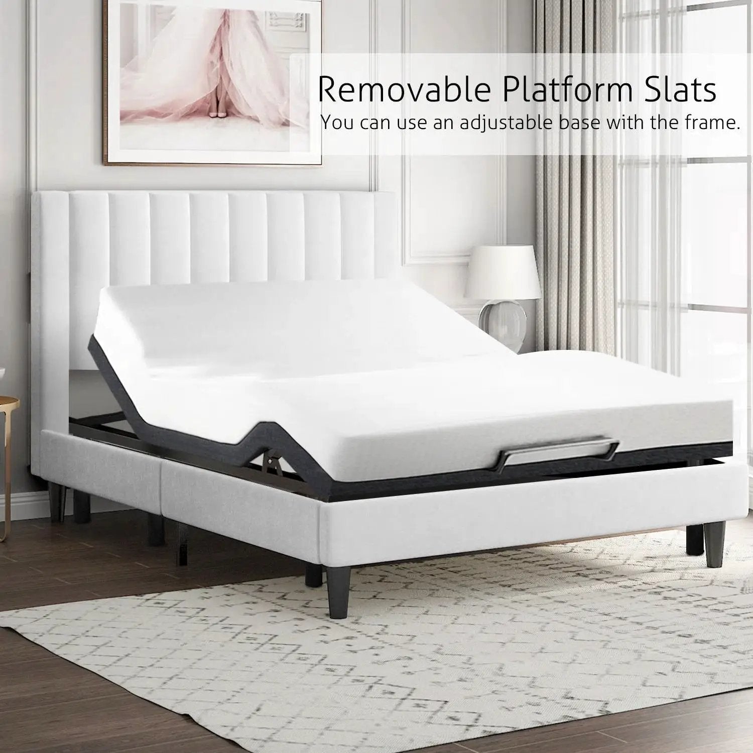 Queen size White Velvet Upholstered Platform Bed Frame with Headboard by HomePacific