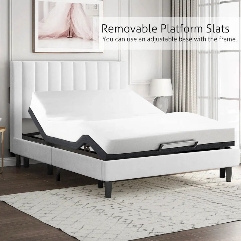 Queen size White Velvet Upholstered Platform Bed Frame with Headboard by HomePacific
