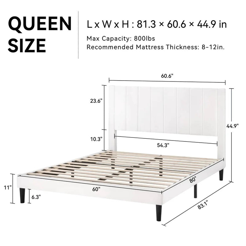 Queen size White Velvet Upholstered Platform Bed Frame with Headboard by HomePacific