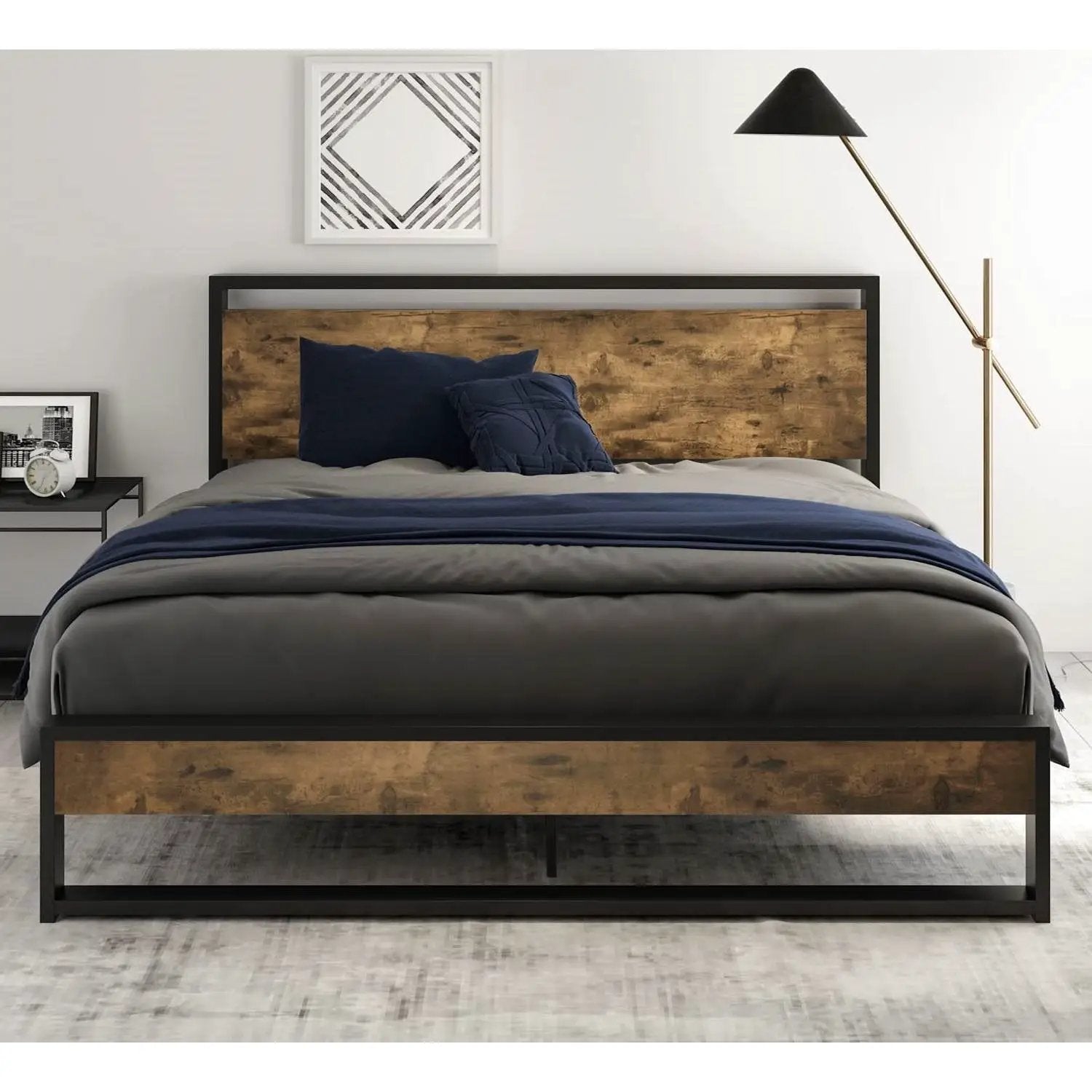 Queen size Metal Wood Platform Bed Frame with Industrial Headboard by HomePacific