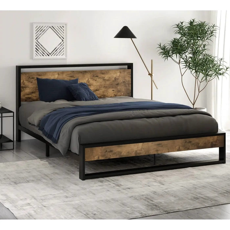 Queen size Metal Wood Platform Bed Frame with Industrial Headboard by HomePacific
