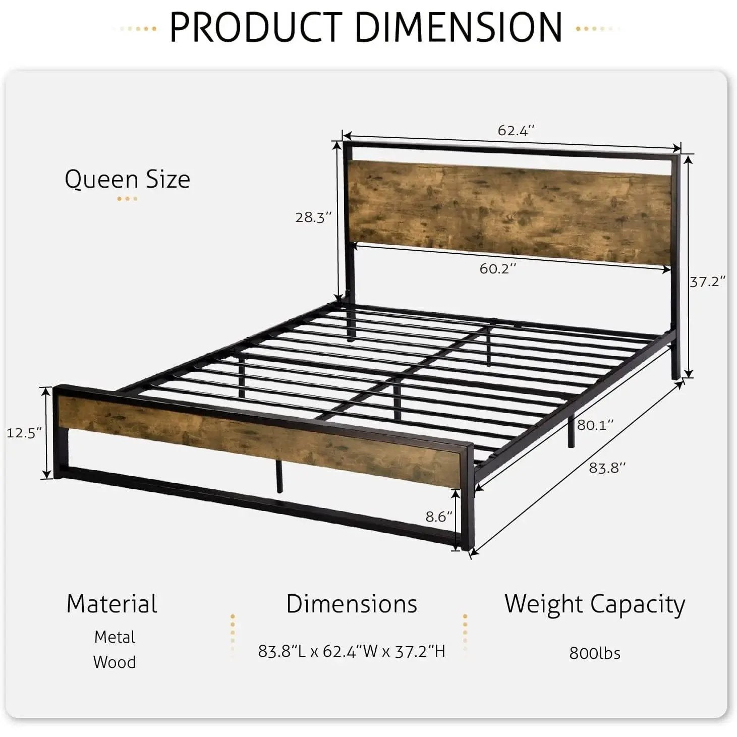 Queen size Metal Wood Platform Bed Frame with Industrial Headboard by HomePacific