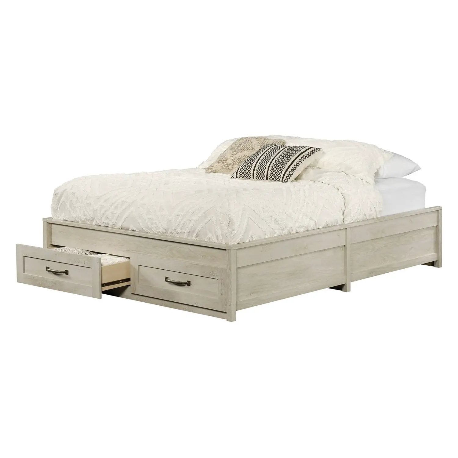 Queen Farmhome Platform Bed with Storage Drawers in Off-White Wood Finish by HomePacific