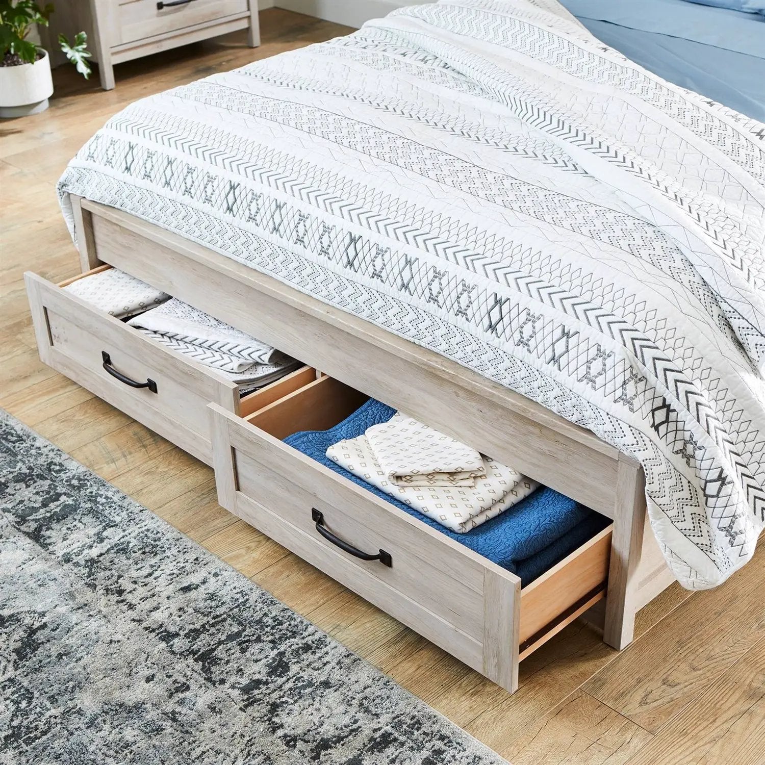 Queen Farmhome Platform Bed with Storage Drawers in Off-White Wood Finish by HomePacific