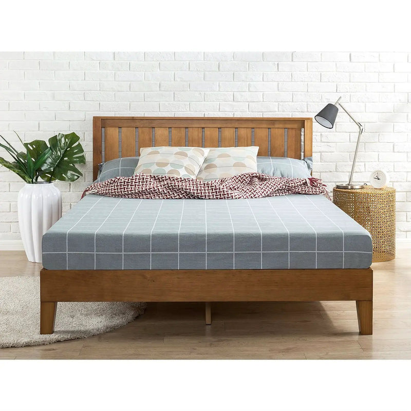 Queen Solid Wood Platform Bed Frame with Headboard in Medium Brown Finish by HomePacific
