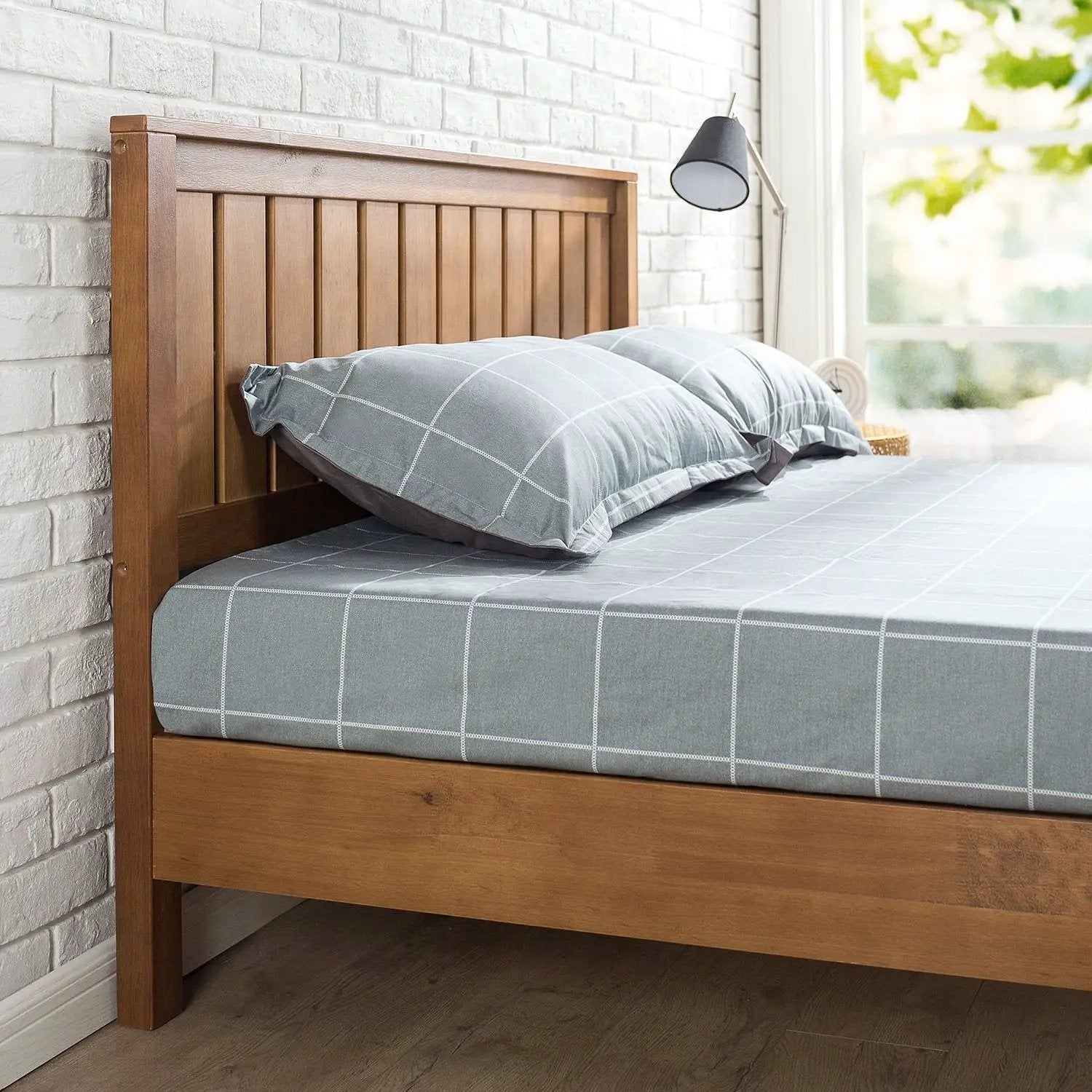 Queen Solid Wood Platform Bed Frame with Headboard in Medium Brown Finish by HomePacific