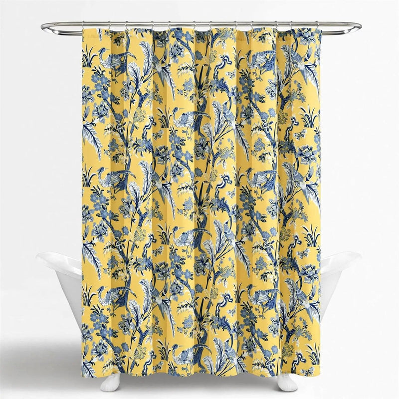 72-inch Yellow Navy Blue White Exotic Birds Floral Polyester Shower Curtain by HomePacific