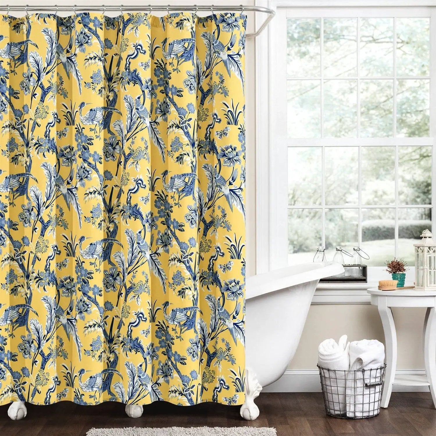 72-inch Yellow Navy Blue White Exotic Birds Floral Polyester Shower Curtain by HomePacific