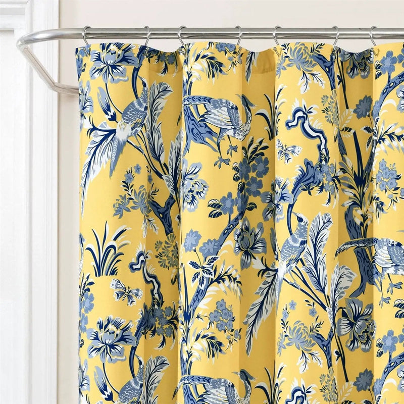 72-inch Yellow Navy Blue White Exotic Birds Floral Polyester Shower Curtain by HomePacific