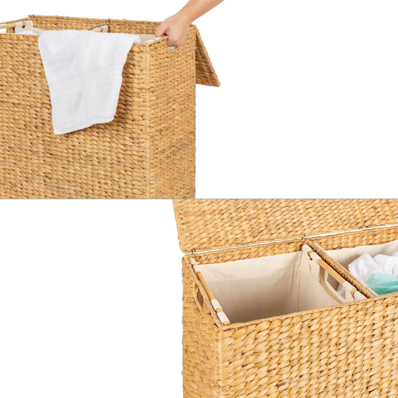 Natural 2-Bin Handwoven Hyacinth Linen Liner Laundry Hamper w/ Handles by HomePacific