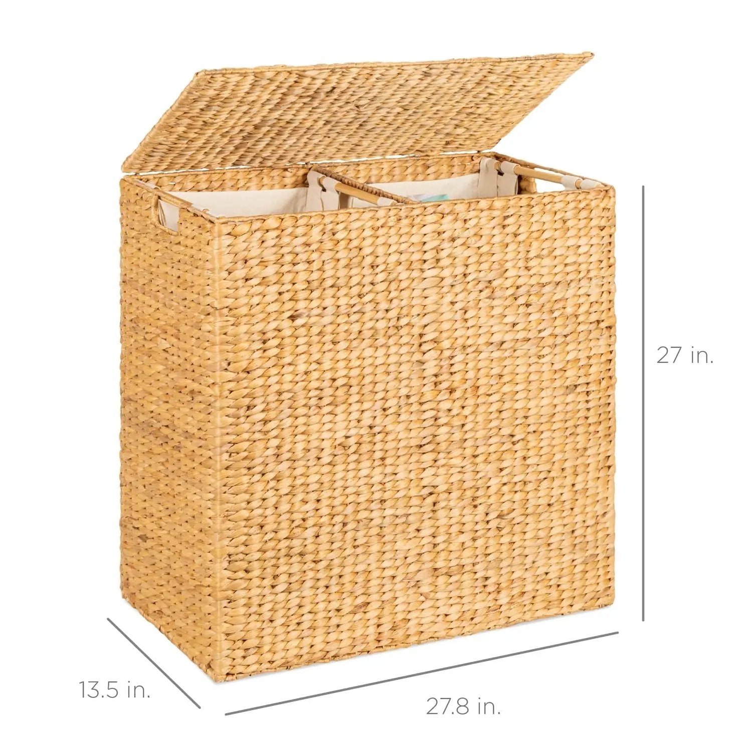 Natural 2-Bin Handwoven Hyacinth Linen Liner Laundry Hamper w/ Handles by HomePacific