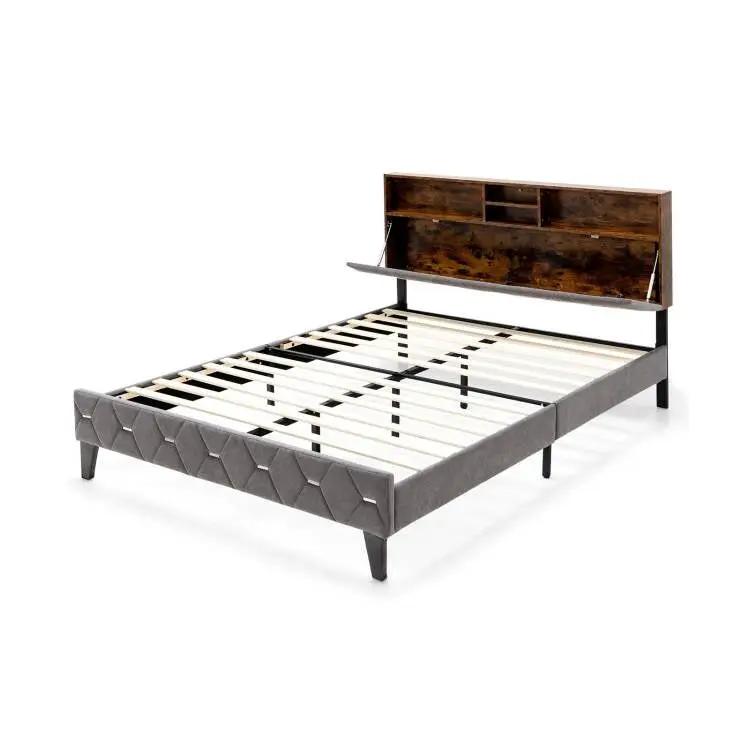 Queen Size Velvet Upholstered Open/Close Storage Headboard Platform Bed by HomePacific