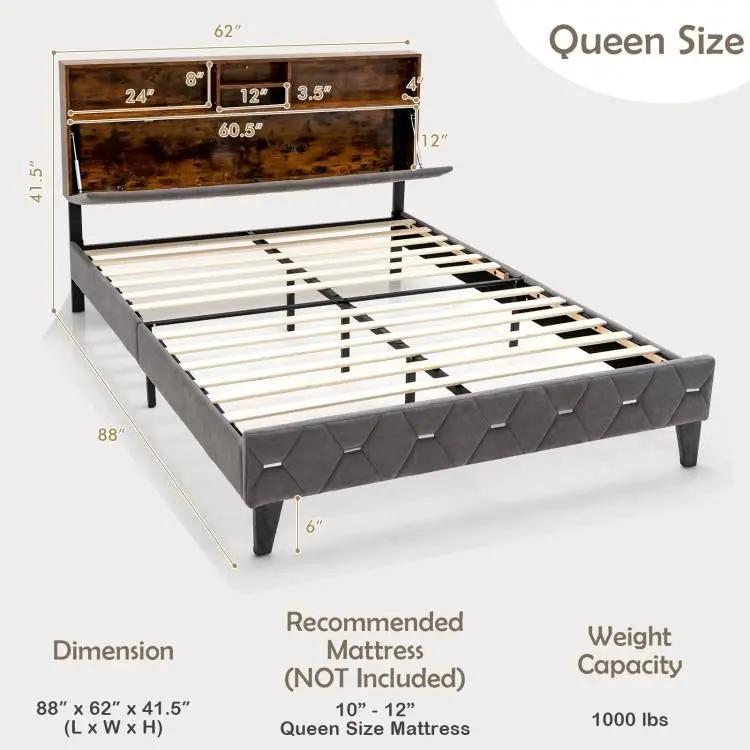 Queen Size Velvet Upholstered Open/Close Storage Headboard Platform Bed by HomePacific