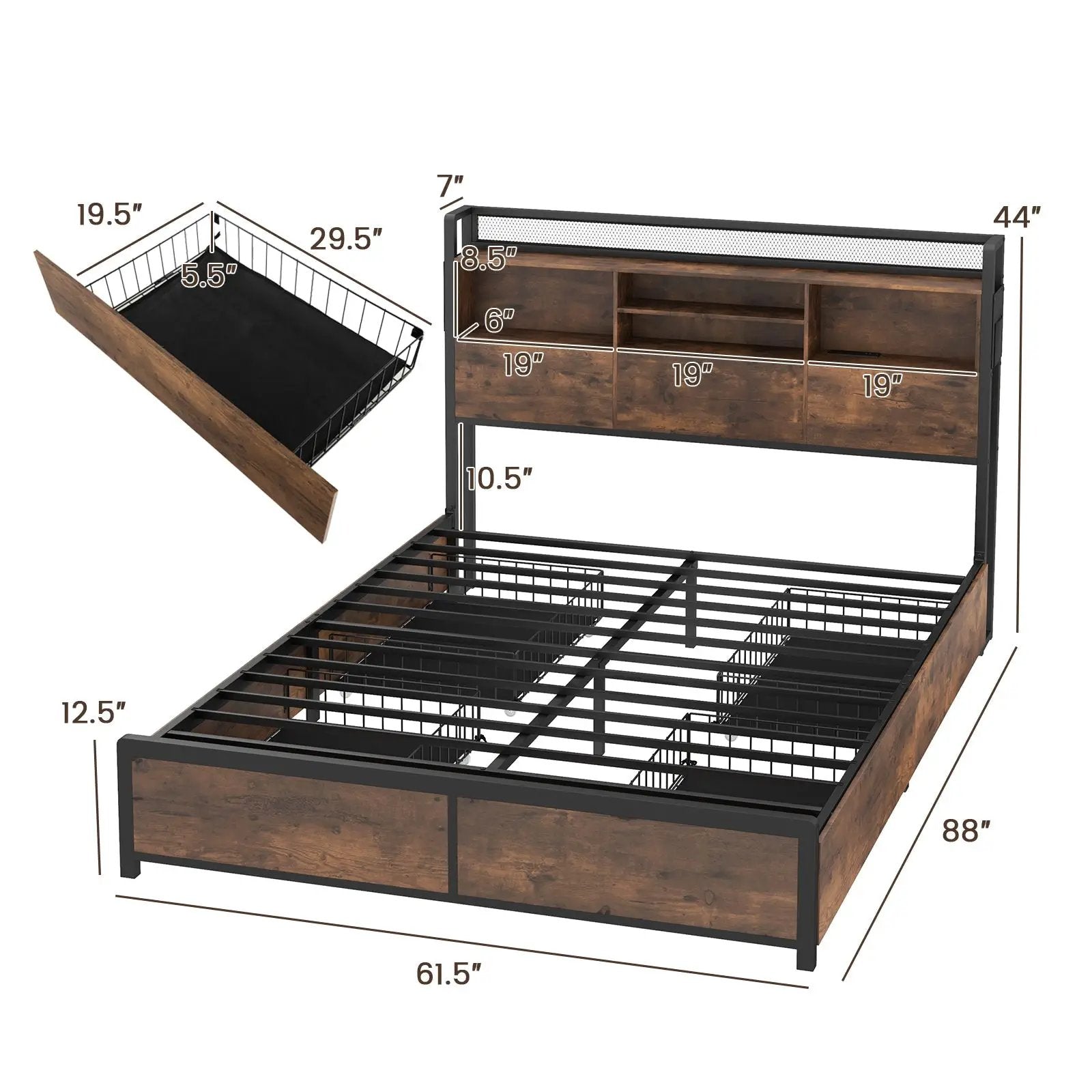 Full/Queen Size Bed Frame with Bookcase Headboard and 4 Storage Drawers by DirectDeals