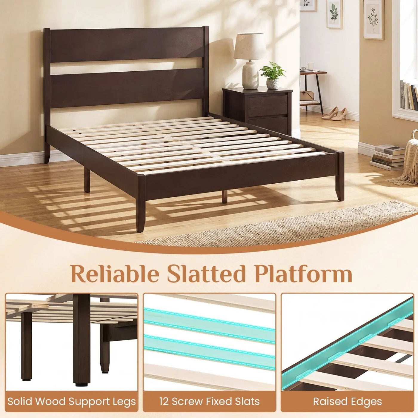 Queen Bed Frame with Headboard and Solid Wood Legs by DirectDeals