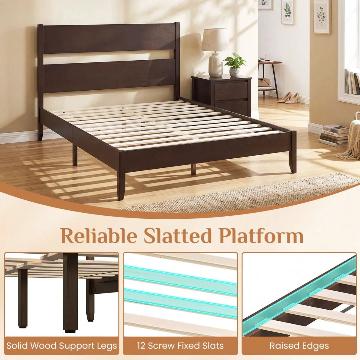 Queen Bed Frame with Headboard and Solid Wood Legs by DirectDeals