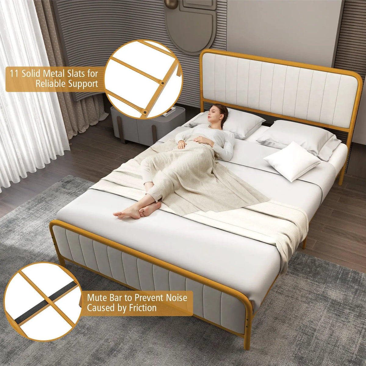 Upholstered Gold Platform Bed Frame with Velvet Headboard, photo 23 of 32