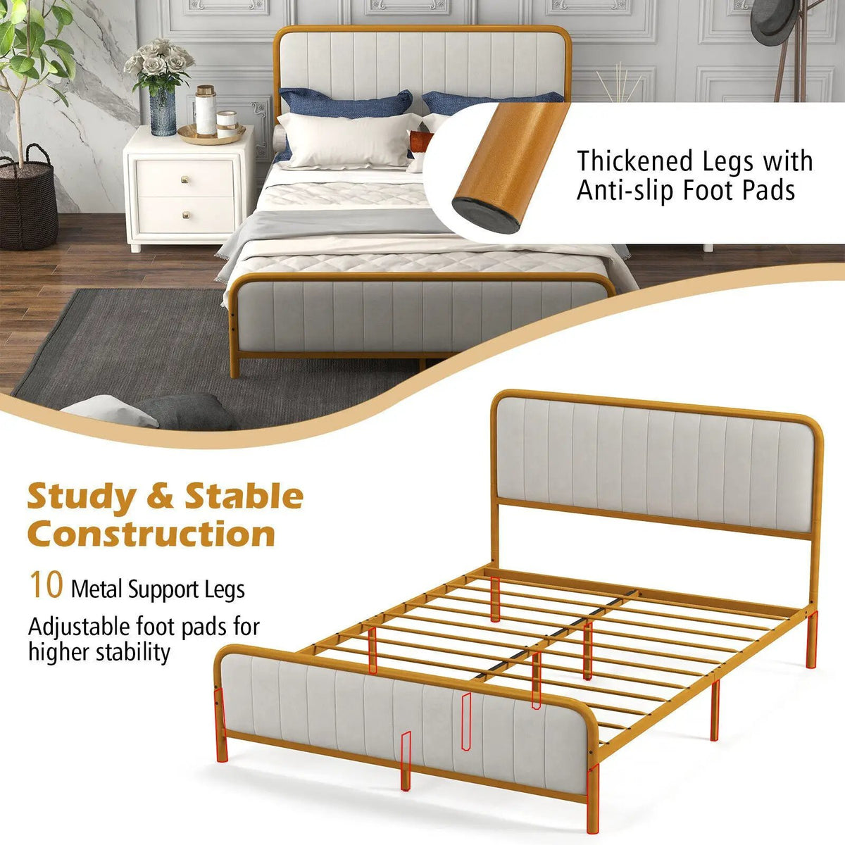 Upholstered Gold Platform Bed Frame with Velvet Headboard, photo 26 of 32
