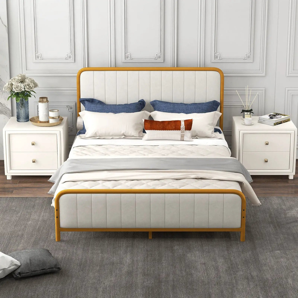 Upholstered Gold Platform Bed Frame with Velvet Headboard, photo 29 of 32