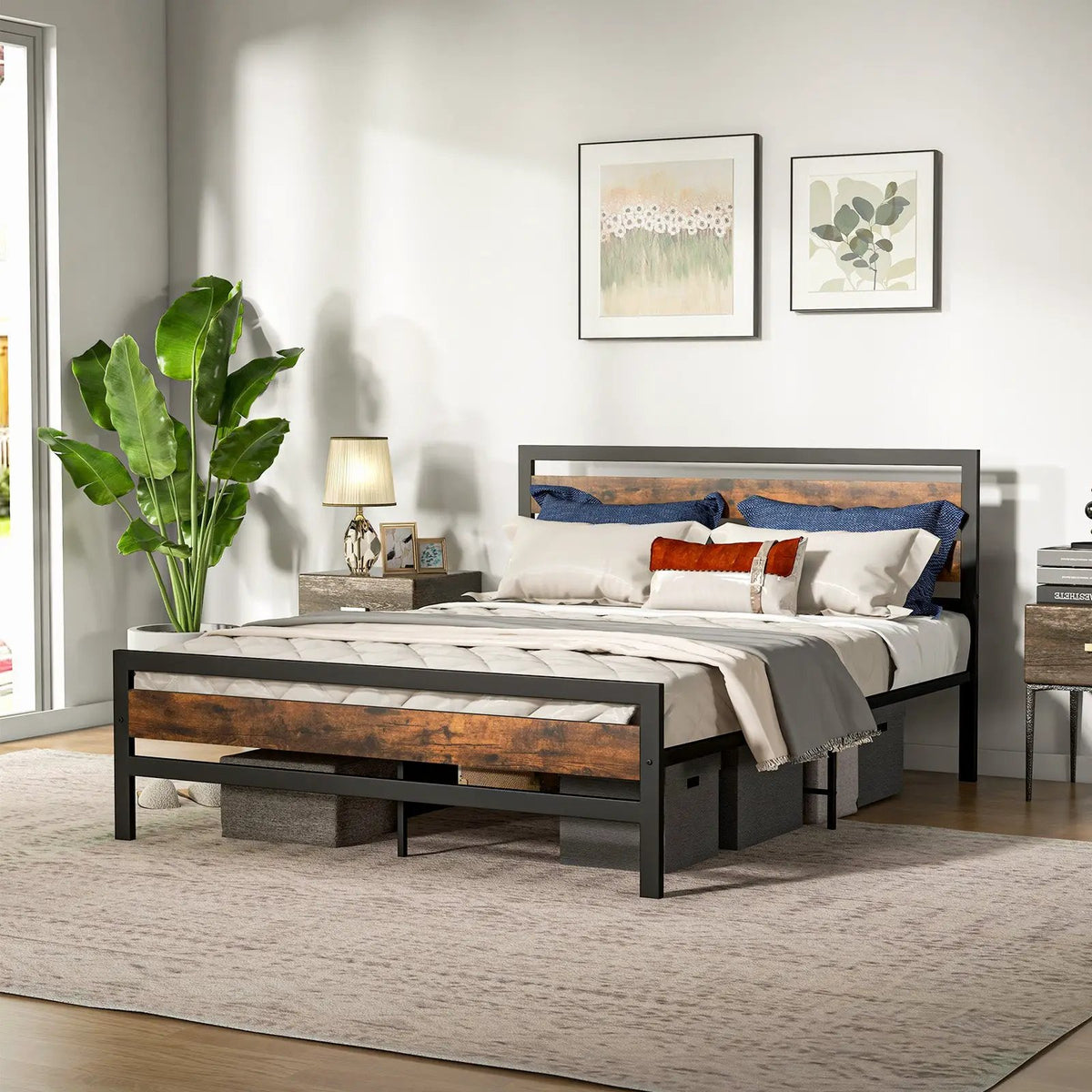 Full/Queen Industrial Bed Frame with Rustic Headboard and Footboard-Queen Size, photo 2 of 9