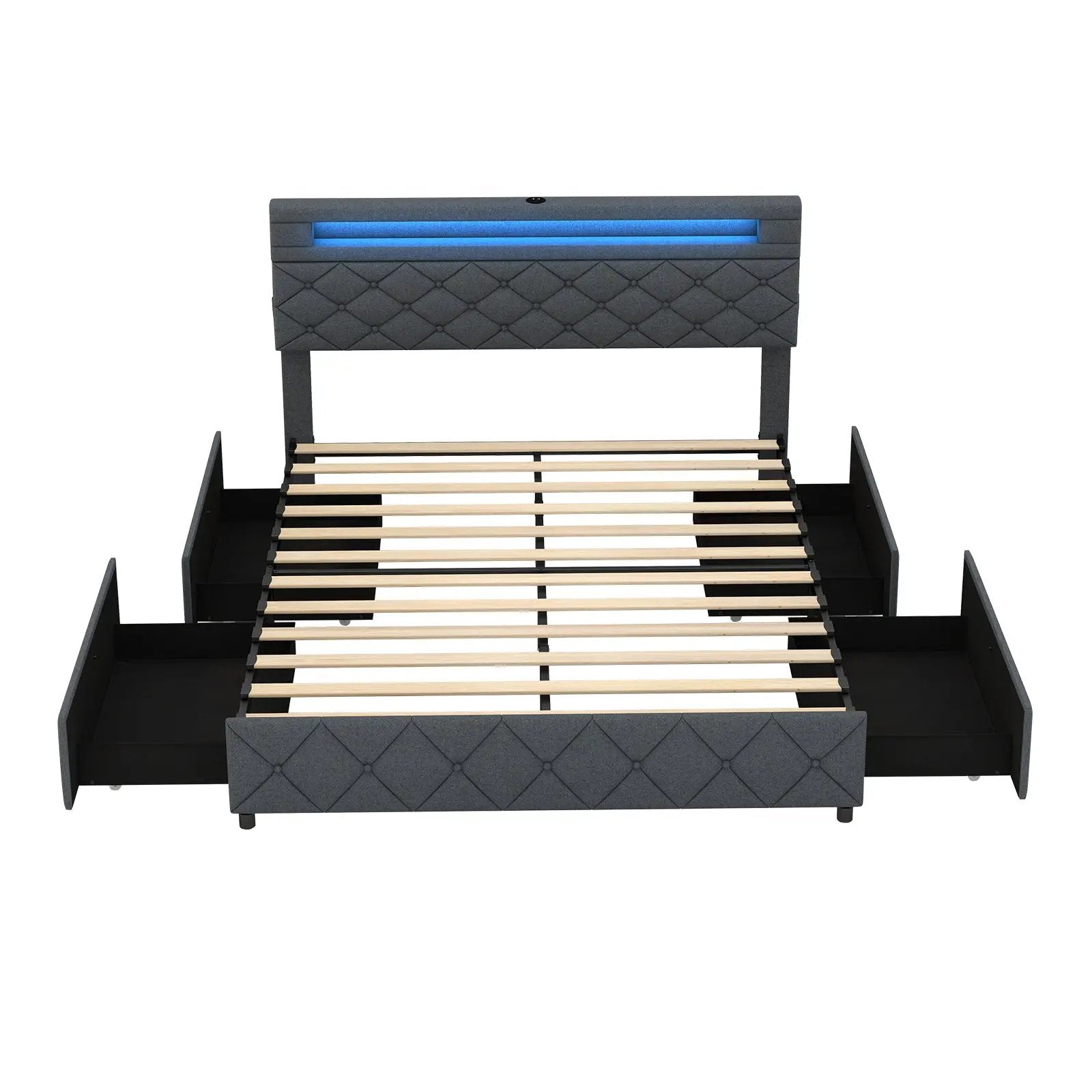 Full/Queen Size Bed Frame with Adjustable Storage Headboard and Wooden Slat Support by DirectDeals
