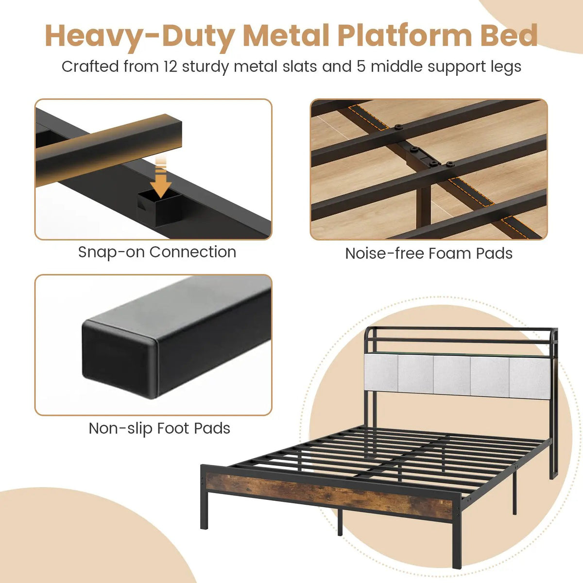 Twin/Full/Queen/King Size Bed Frame with LED Light and Charging Station, photo 6 of 11