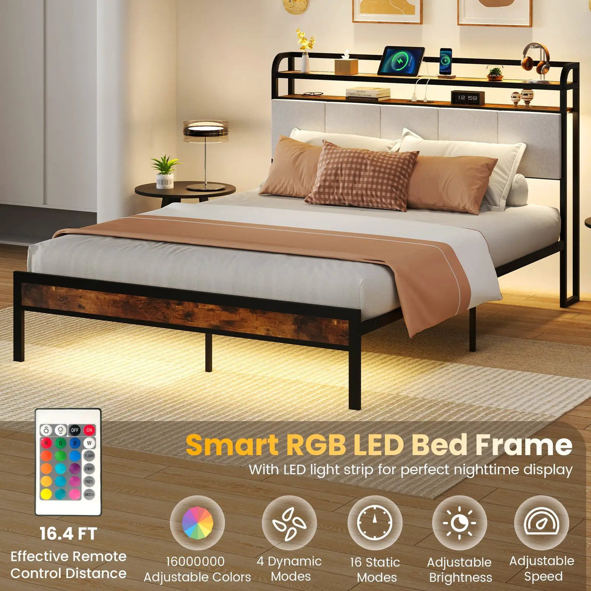 Twin/Full/Queen/King Size Bed Frame with LED Light and Charging Station, photo 7 of 11