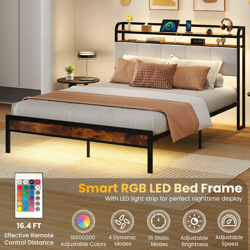 Twin/Full/Queen/King Size Bed Frame with LED Light and Charging Station by DirectDeals