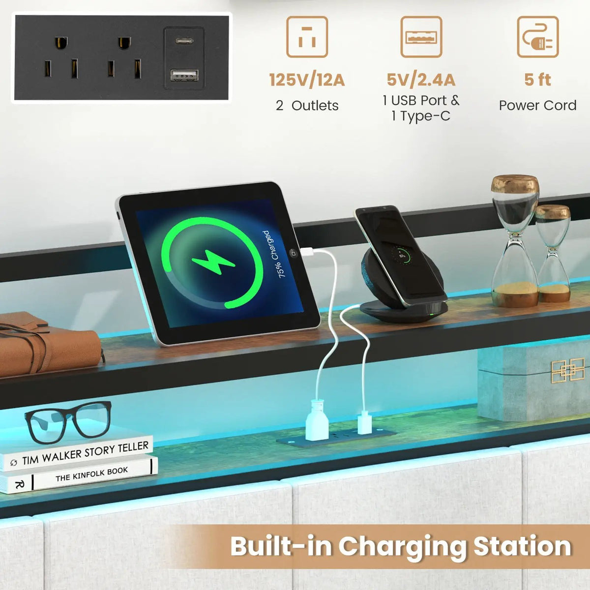 Twin/Full/Queen/King Size Bed Frame with LED Light and Charging Station, photo 8 of 11