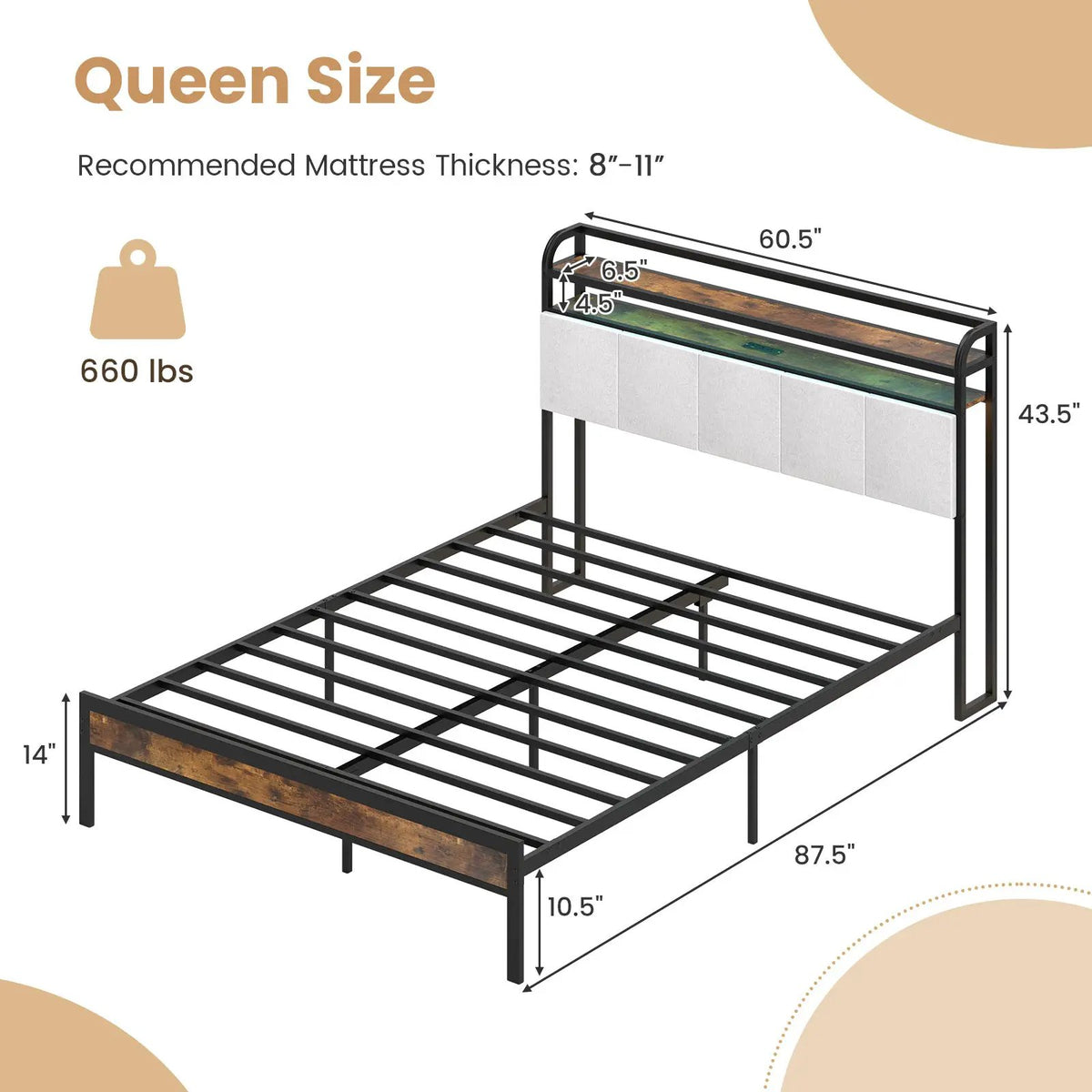 Twin/Full/Queen/King Size Bed Frame with LED Light and Charging Station, photo 5 of 11