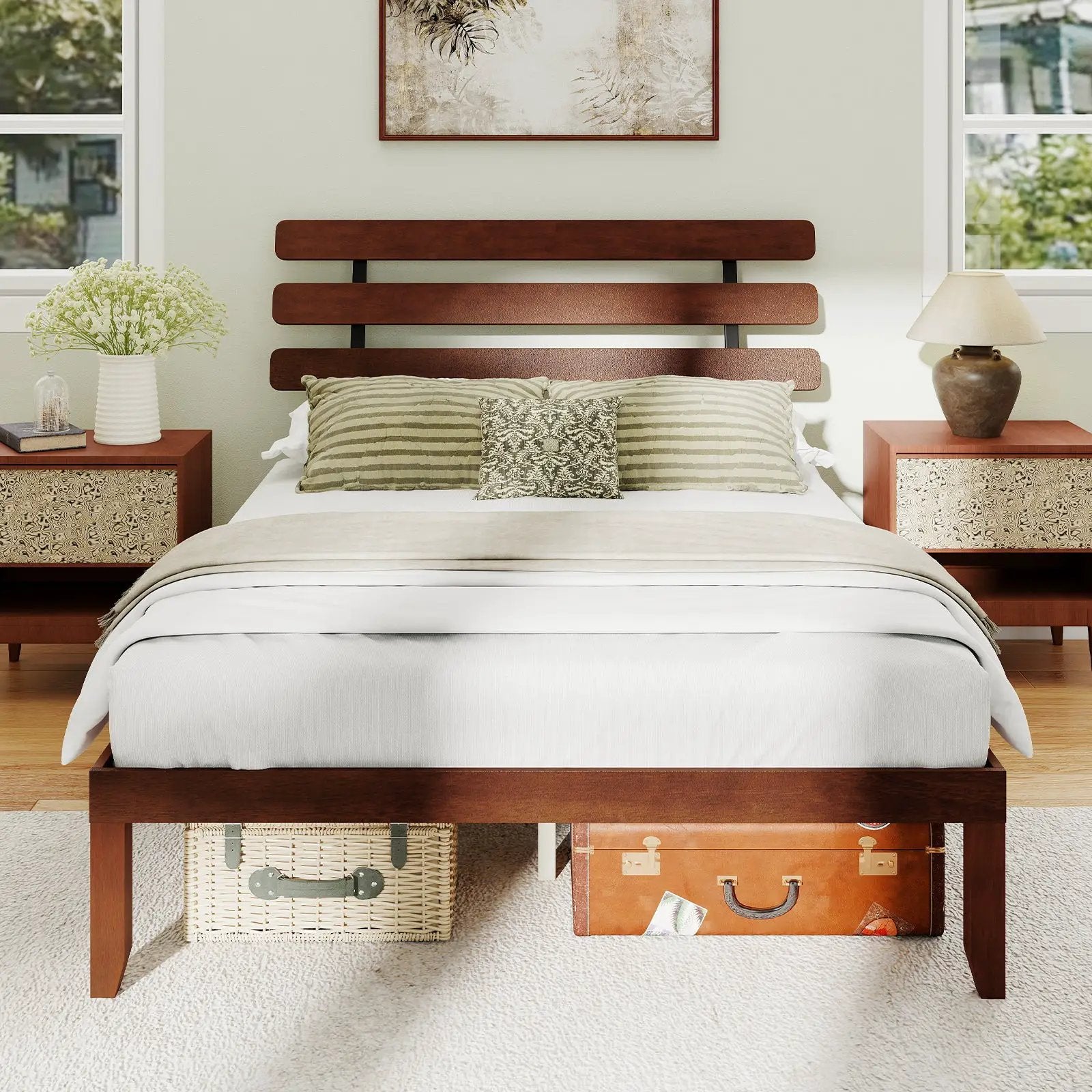 Full Size Bed Frame 15.5 Inch Solid Wood Platform Bed with Retro Headboard by DirectDeals