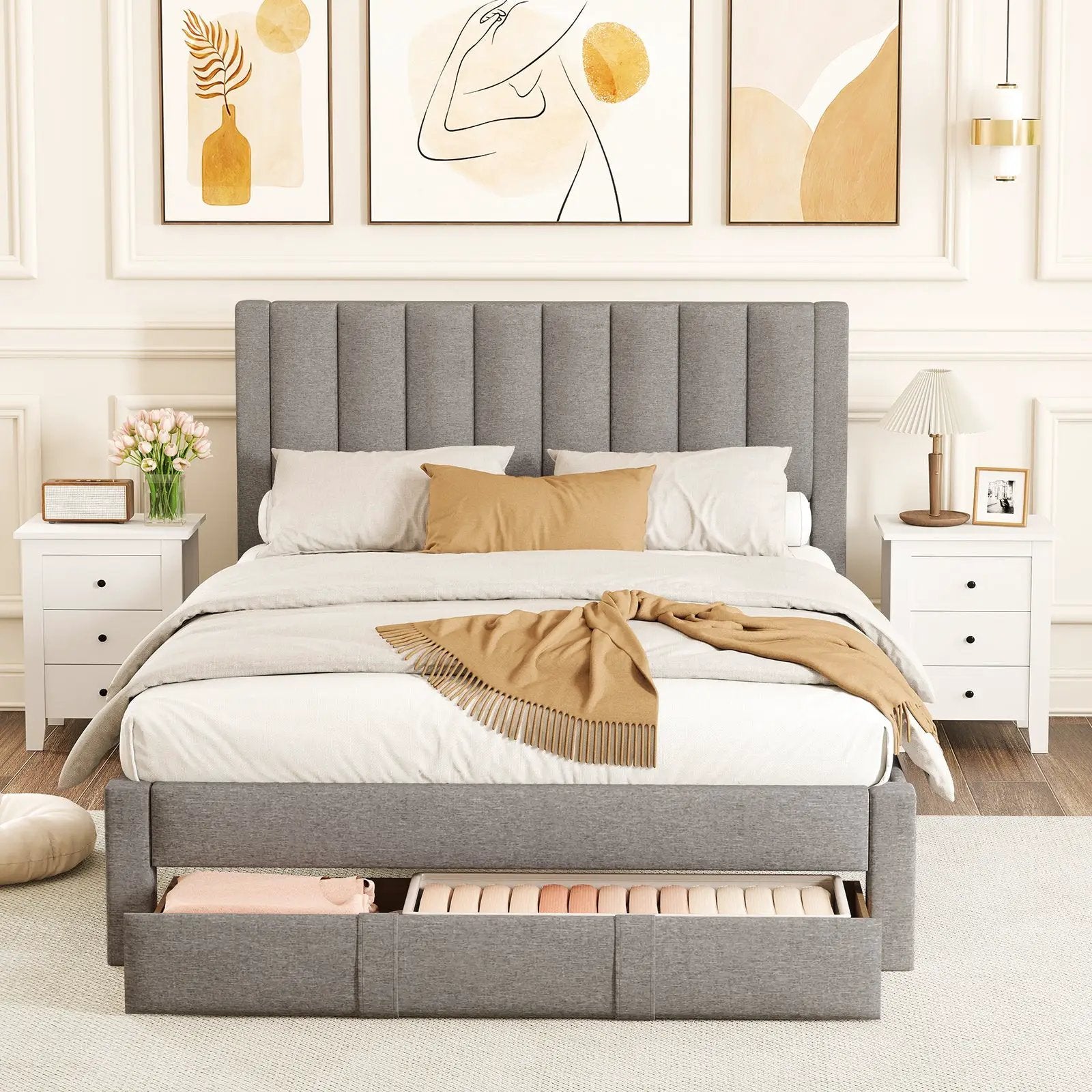Queen Size Bed Frame with Storage Drawer and Vertical Channel Headboard by DirectDeals