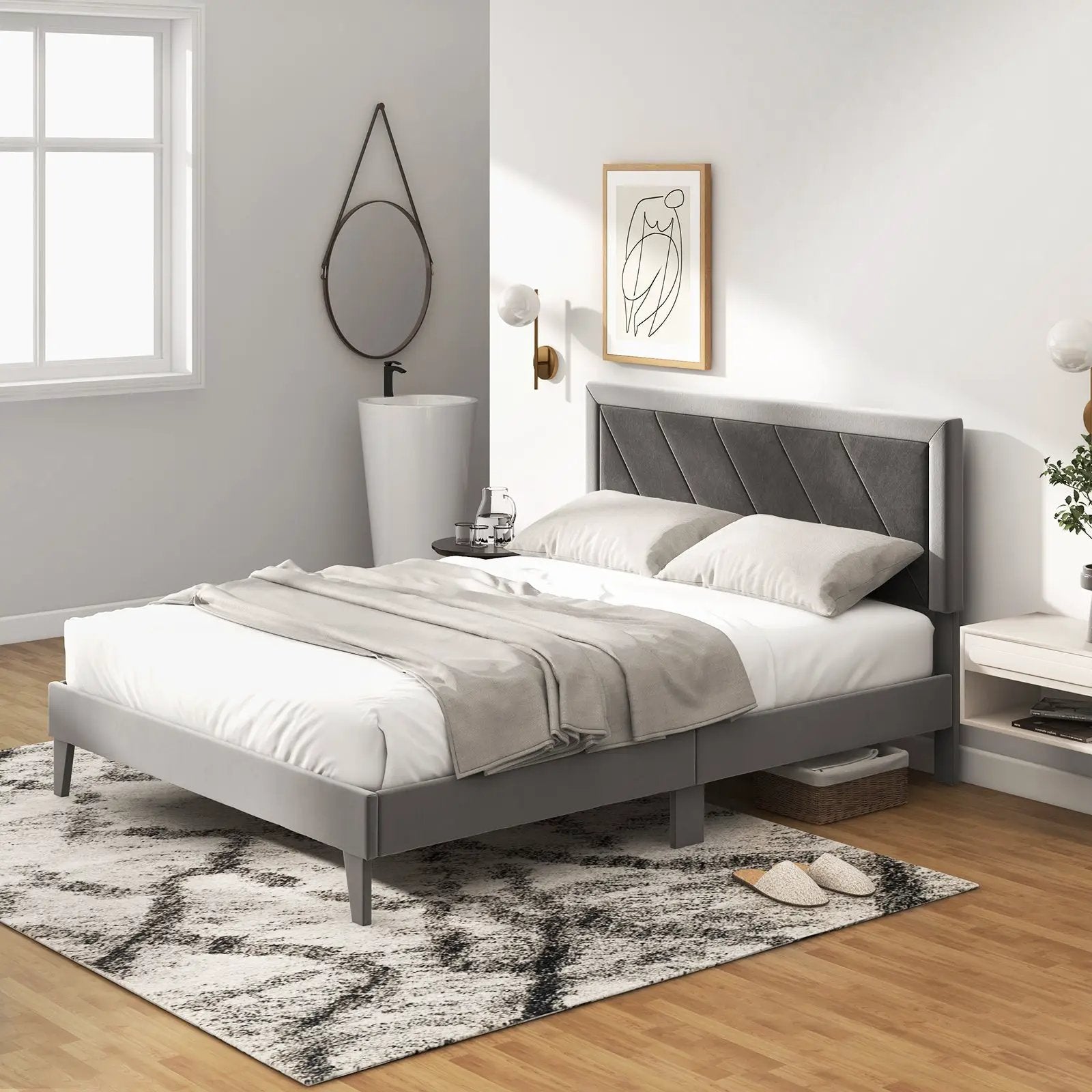Twin/Full/Queen Platform Bed with High Headboard and Wooden Slats by DirectDeals