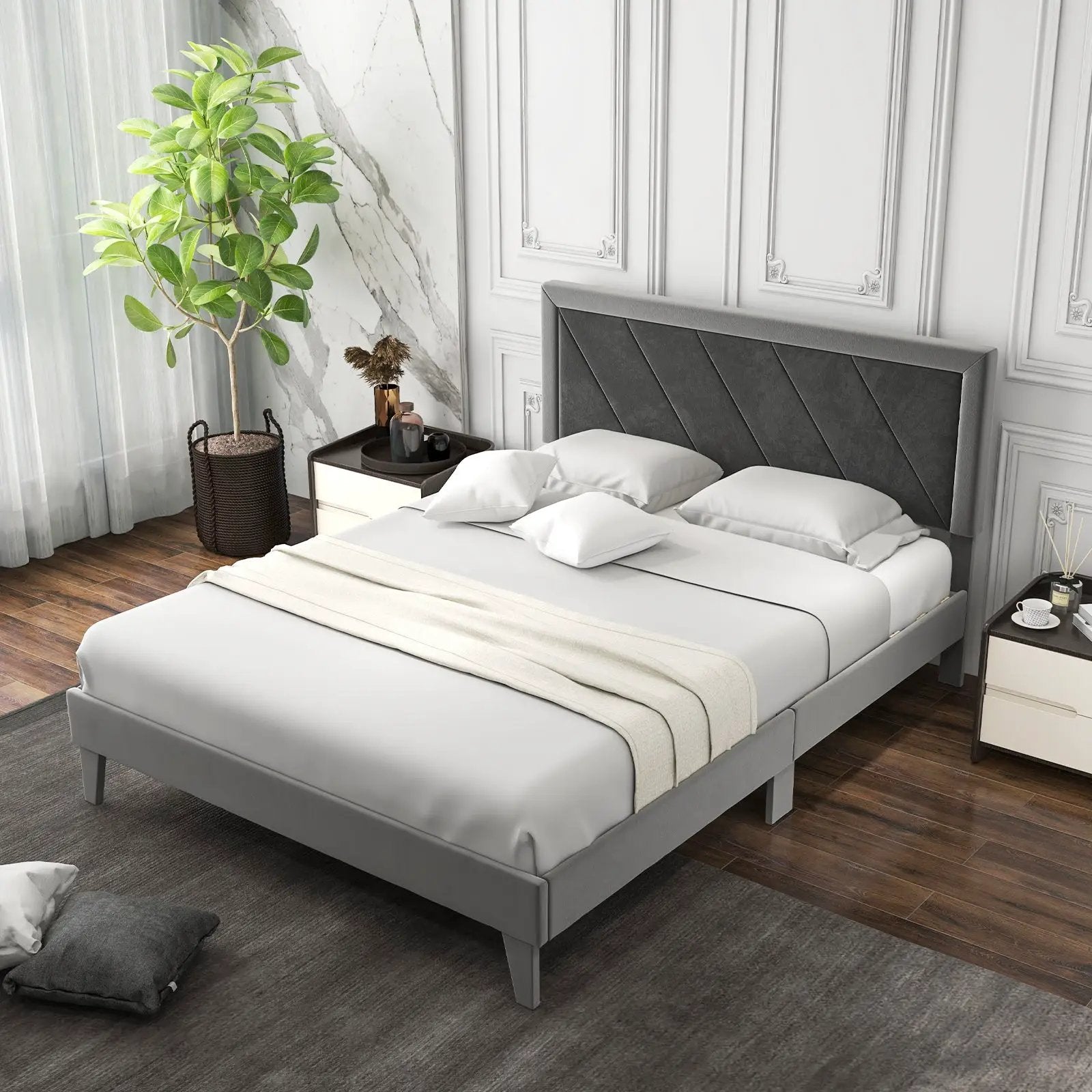 Twin/Full/Queen Platform Bed with High Headboard and Wooden Slats by DirectDeals