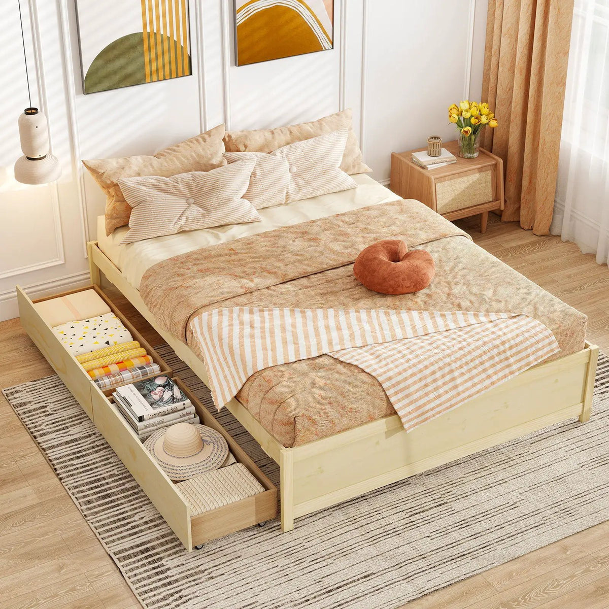 Queen Size Bed Frame with 2 Rolling Storage Drawers